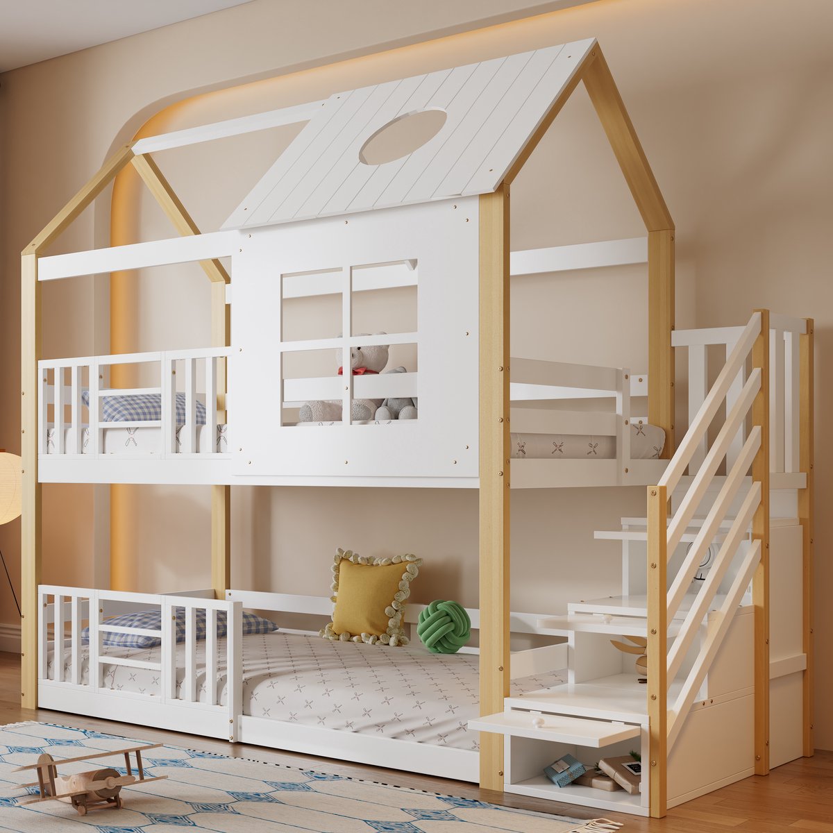 MIVRAY Stapelbed 90x200 cm - Kinderbed Met Opbergladder En Veiligheidshekken - Voor Kinderkamer - Massief Hout En MDF - Wit Naturel - Zonder Matras