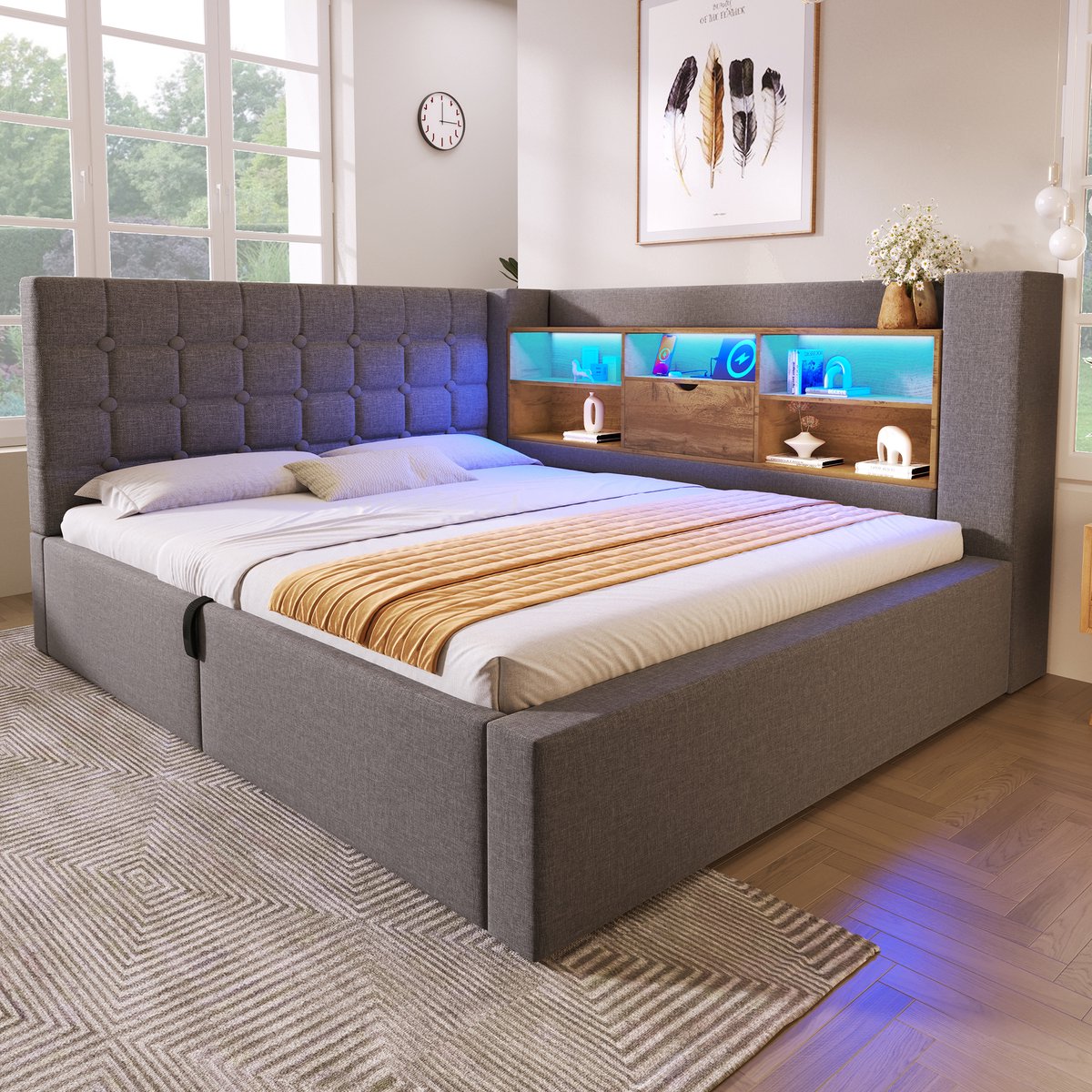 MIVRAY Gestoffeerd Bed 140x190 Cm - Led Verlichting En Usb Aansluitingen - Hydraulische Opbergruimte - Linnen - Grijs - Zonder Matras