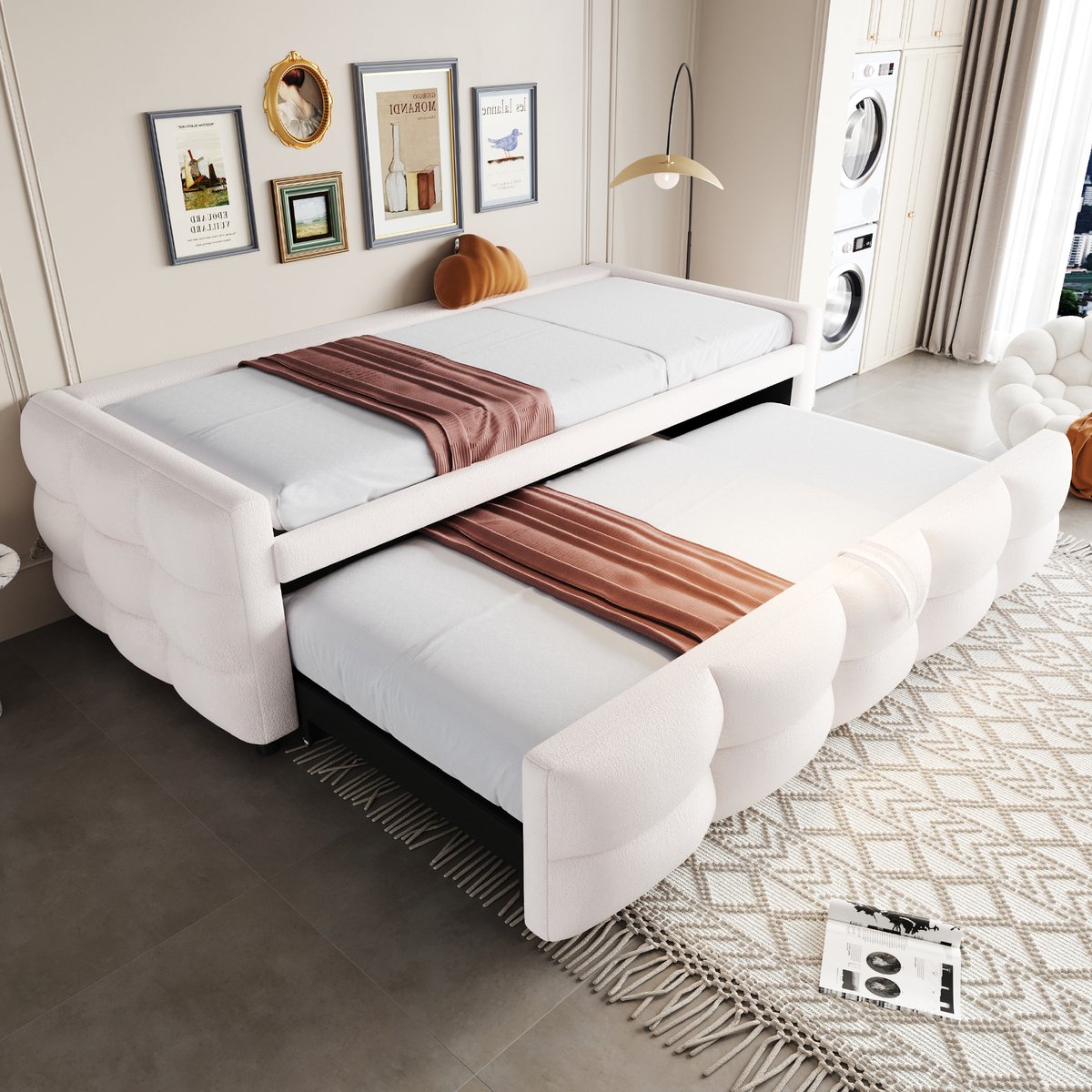 MIVRAY Uitschuifbaar Bed 90/180x190 cm - Zitbed En Extra Slaapplaats Voor Logés - Teddy Stof - Beige - Zonder Matras