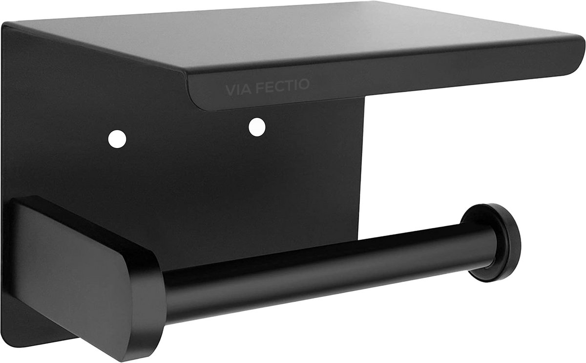 Via Fectio® WC rolhouder met plankje - Telefoonhouder - Zelfklevend - Boren - WC Papierhouder - Zwart - RVS