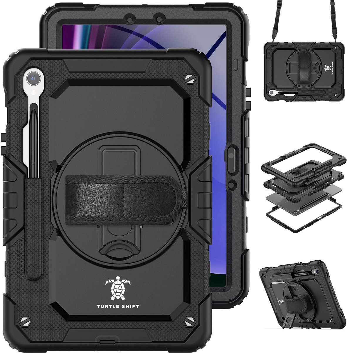 Geschikt voor Samsung Galaxy Tab S9 FE / Tab S9 Hoes - 11 inch - Hoes met screen protector - Turtle Shift Cover Hoesje - Schouderriem - Shockproof - Met Standaard - Zwart