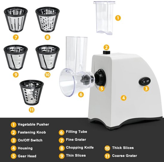 Groentesnijder - Snijmachine - Groentensnijder electrisch - 5-in-1 Groentesnijmachine - Groenterasp - Kaasrasp - Groente Slicer - Multifunctionele Keukenmachine. — afbeelding 5