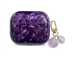 Paars transparant parelmoer hoesje voor oordopjes dames met schelp hanger en clip geschikt voor AirPods Pro 3 hardcase beschermhoes