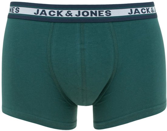 Voorkant van een donkergrijze boxer met een blauwe elastische band met 'JACK & JONES' erop.