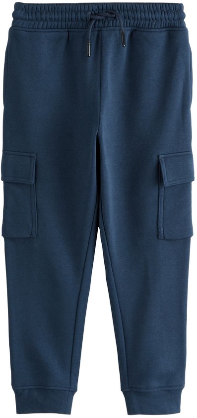 Marineblauwe joggingbroek met cargo zakken, elastische tailleband en trekkoord met metalen uiteinden.