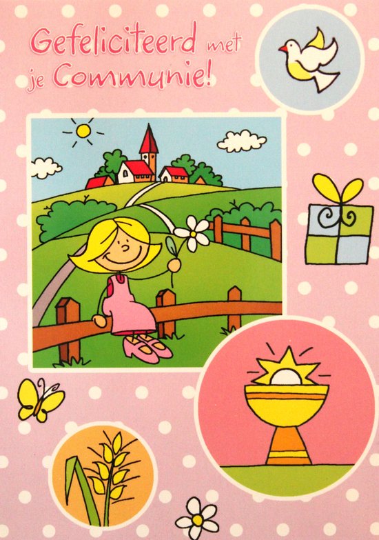 Communiekaart met meisje in roze jurk, zittend op een hek.