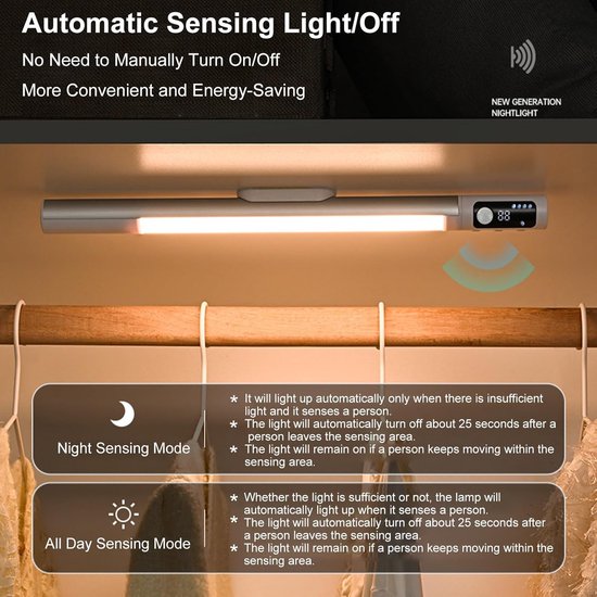 Nachtlamp - Nachtlampje - Onderbouw Verlichting - Bewegingssensor Lamp met 1200mAh Batterij - 3m Detectiebereik - Instelbare Hoeken - Geschikt voor Keuken, Bureau en Nachtkastje - Type-C opladen - 1 stuk - 1200mAh — afbeelding 3