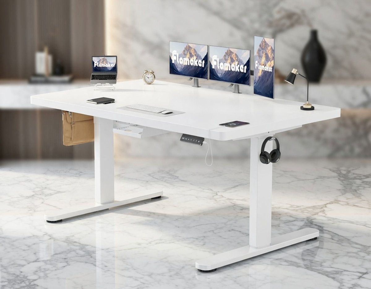 Ergonomisch Elektrisch In hoogte Verstelbaar Bureau 160x80 cm – Staand Bureau met Volledig Houten Tafelblad, Kabelmanagement, USB-poort en Stabiel Metalen Frame – Modern Sta Bureau voor Thuis en Kantoor House&Garden