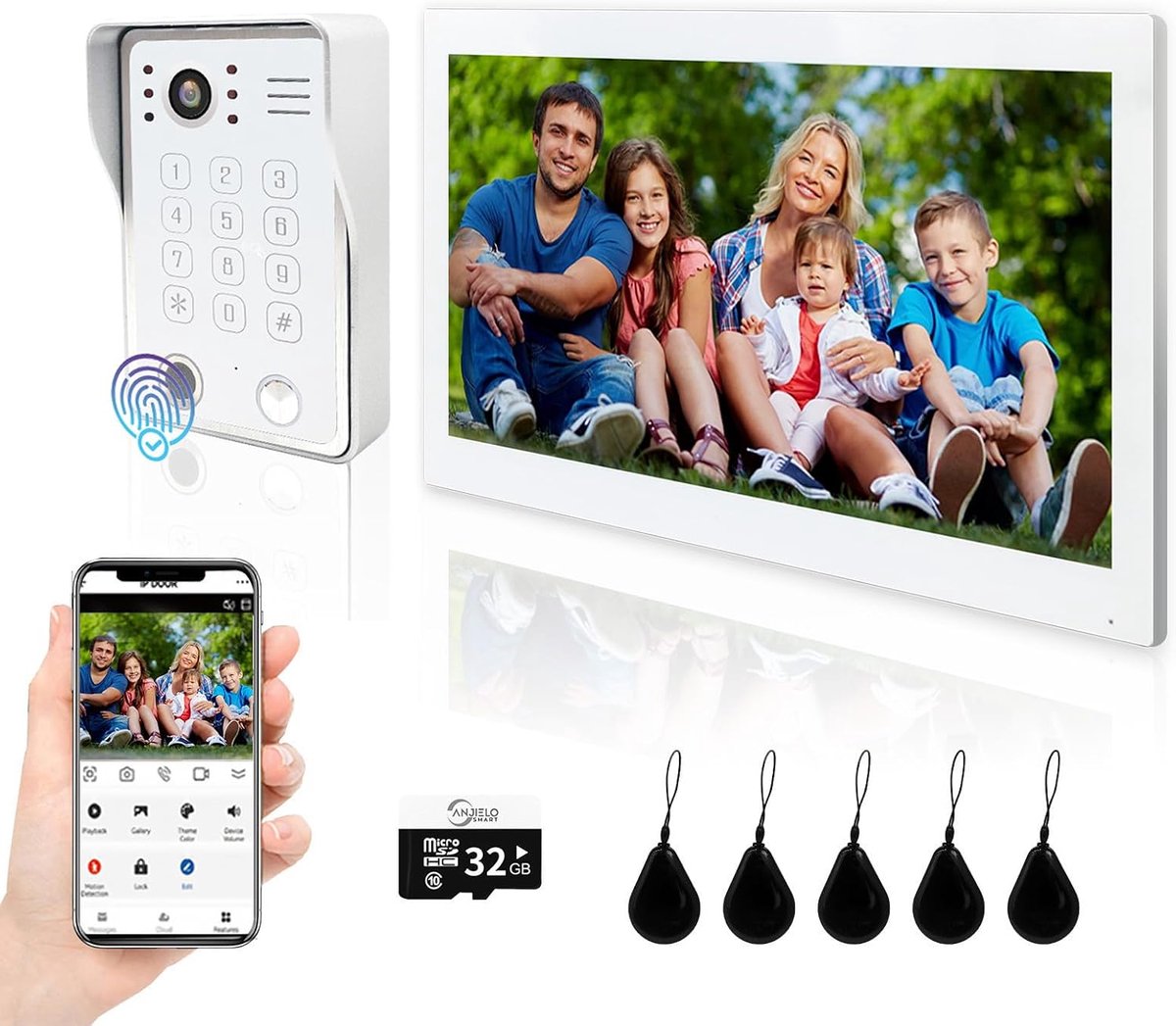 Videodeurbel Systeem - Intercom met Camera - Toegangscontrole Thuis - 5-in-1 Ontgrendeling - 24 x 2 x 16 cm - Wit
