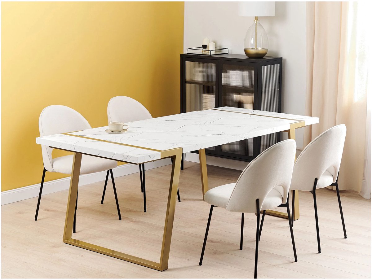Eettafel 200x90x76 cm Rechthoekig Modern Marmerlook Wit met Gouden Metalen Poten – Luxe Design Tafel voor 4-6 Personen – Abkantoor