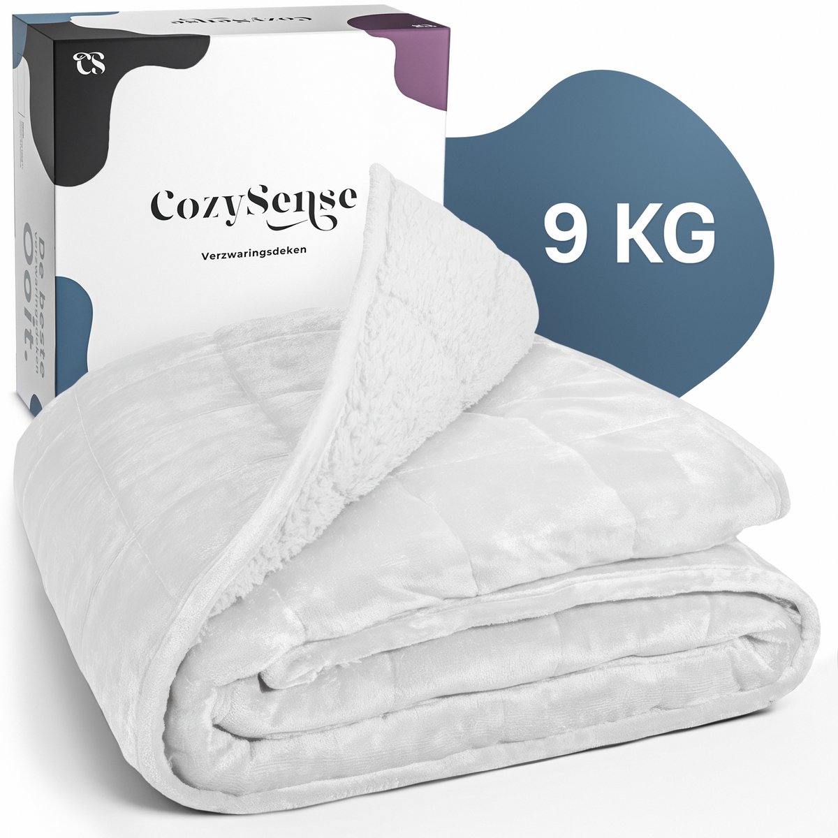 CozySense Verzwaringsdeken 9kg - 135x200cm - Dubbelzijdig Zwaartedeken met Flanel & Sherpa Kant - Weighted Blanket met GLASS-Flow® Drukverdeling - Verzwaarde Deken - Wit