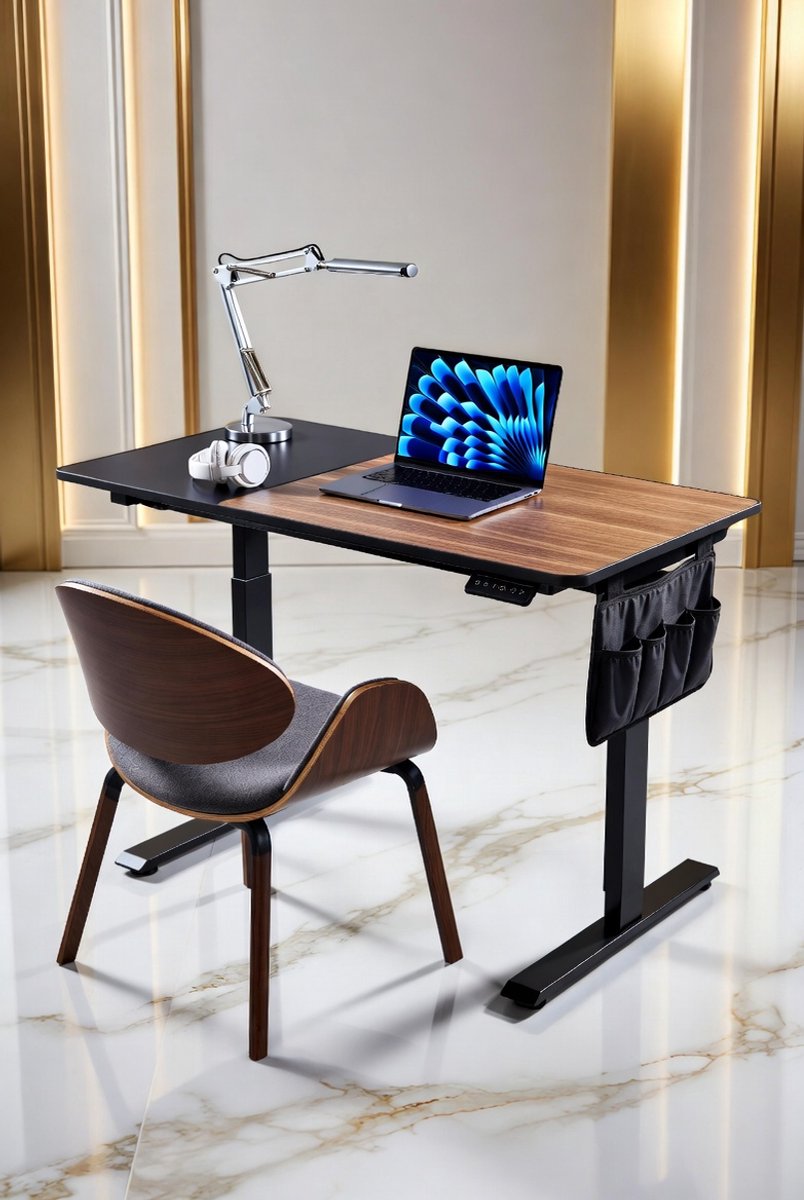 Elektrisch Verstelbaar Bureau 140x60 cm – Hoogte Verstelbaar Staand Bureau met Geheugenfunctie, Kabelmanagement, Vintage Bruin & Zwart – Ergonomisch, Robuust & Stil voor Thuiswerk en Kantoor House&Garden
