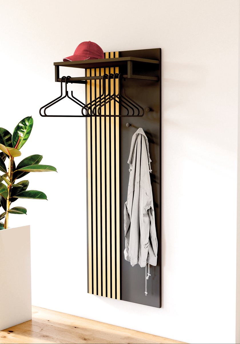 Kerkmann Luxe Oxford Wandkapstok - Antraciet met Akoestisch Eiken - 60cm breed zwart met eiken
