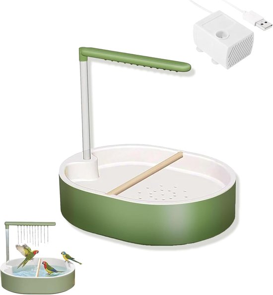 Douche pour perruches - Bain automatique pour perruches avec pompe à eau - Grande fontaine de douche pour oiseaux - Avec deux supports en bois de pin - Convient aux animaux de compagnie tels que les perruches, les perruches naines, les canaris, etc.
