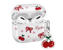 Transparant hoesje voor oordopjes dames met kersen en strikjes patroon en decoratieve hanger geschikt voor AirPods Pro 3 met TPU beschermhoes en clip