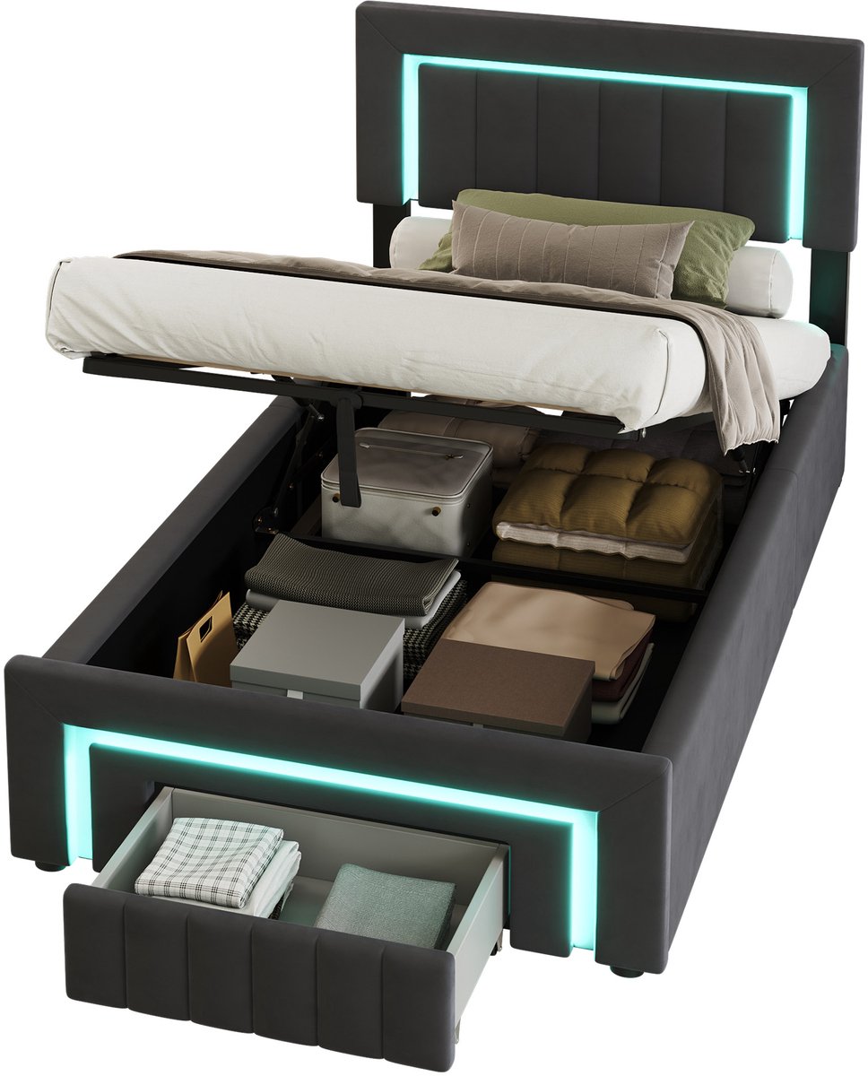 Wishdor Gestoffeerd Bed met LED - Eenpersoonsbed 90x190 - Hydraulische Opbergruimte & Lade - Fluweel Donkergrijs zwart
