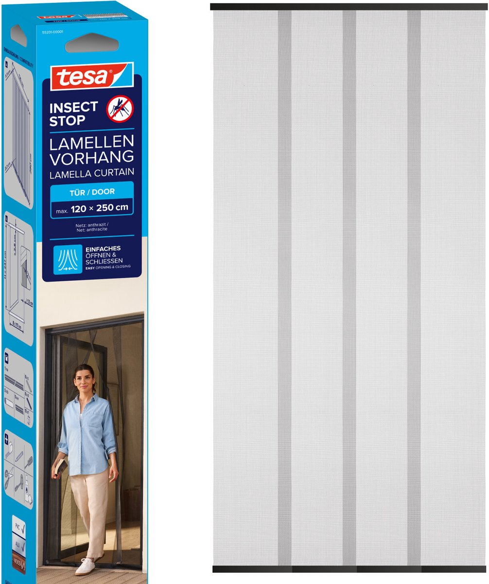 tesa INSECT STOP Lamella Curtain - lamellengordijn hor 4-delig voor deuren, zonder boren,