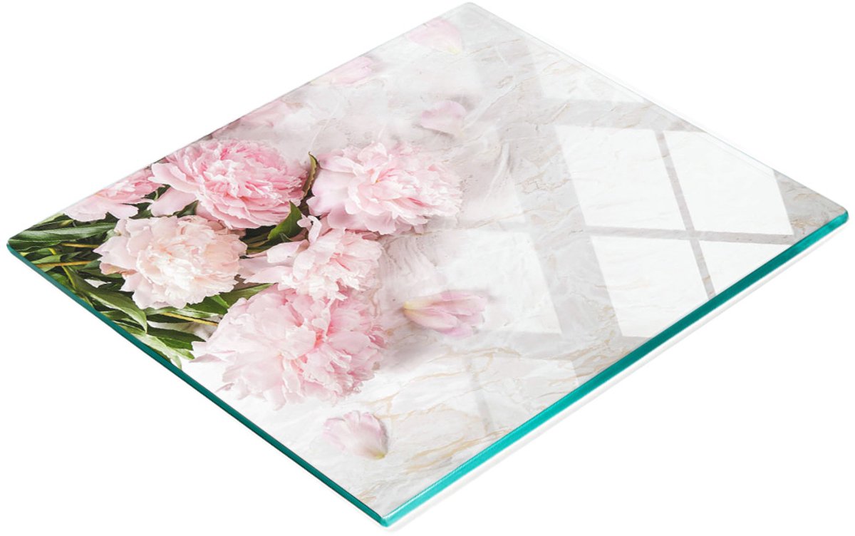 Decoratieve glazen snij- en serveerplank met pioenrozenmotief, 60x52 cm