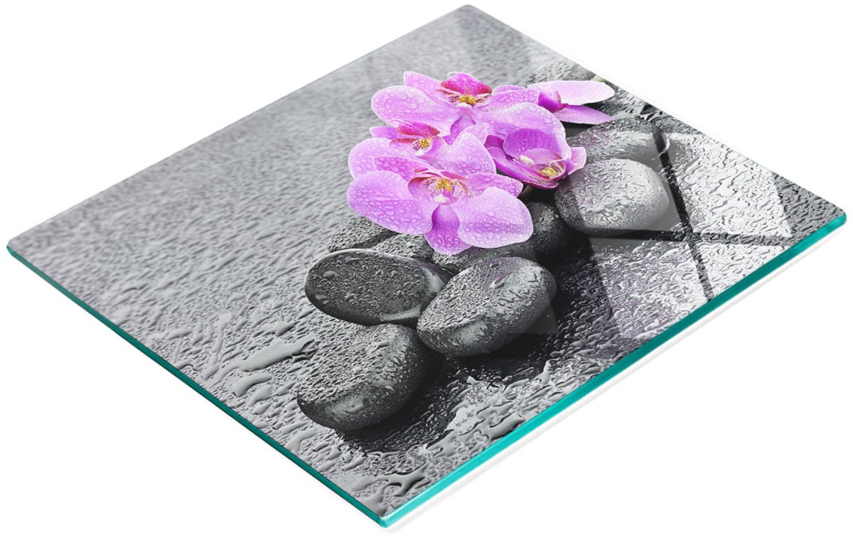 Decoratieve glazen snij- en serveerplank met orchideestenen 60x52 cm
