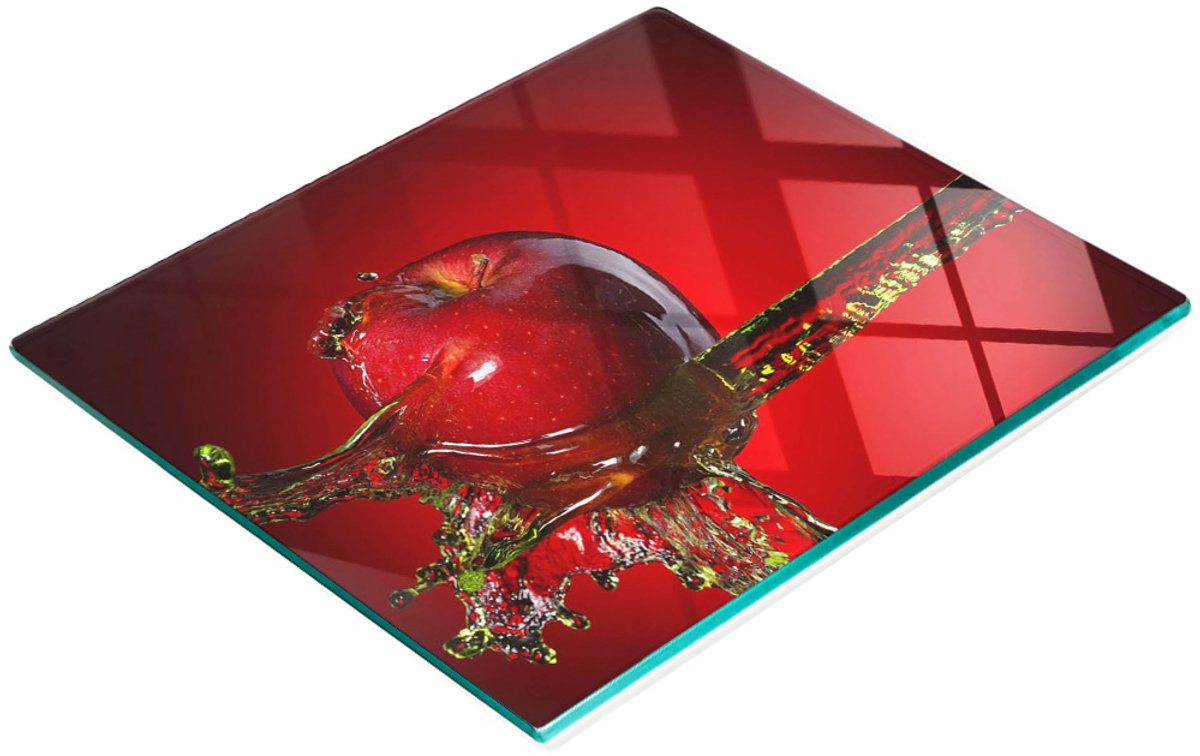 Decoratieve glazen snij- en serveerplank met appel- en watermotief, 60x52 cm