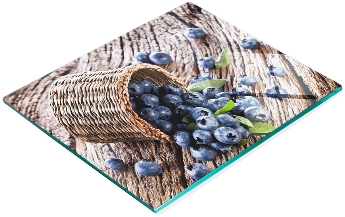 Decoratieve glazen keukensnijplank met bosbessenmandje 60x52 cm