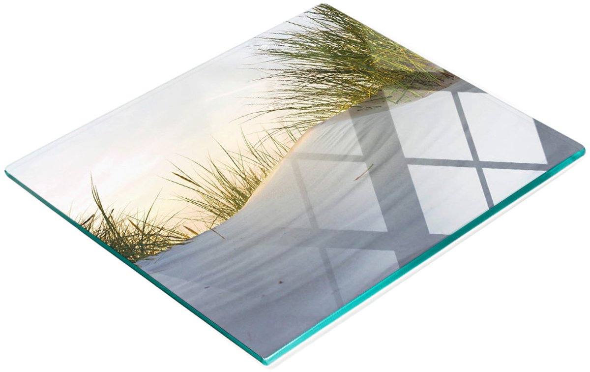 Glazen keukensnijplank met afbeelding van duinen aan zee, 60x52 cm
