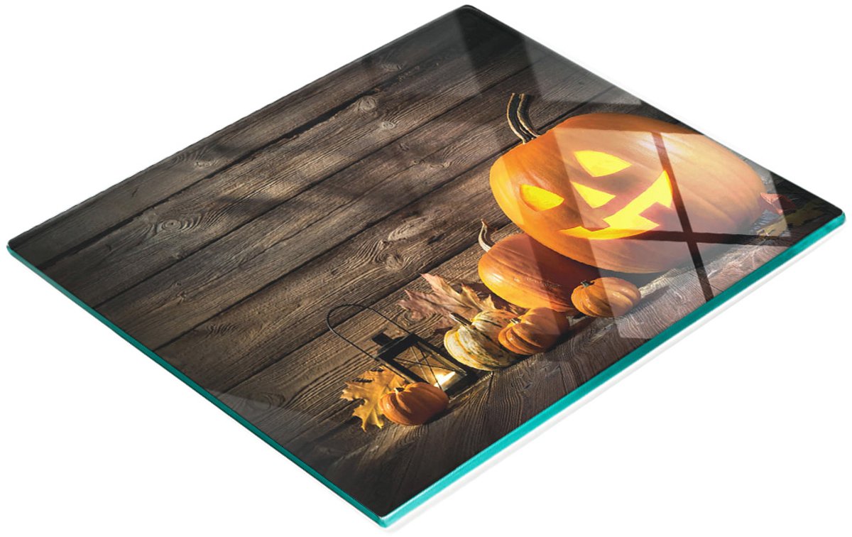 Decoratieve glazen keukensnijplank met Halloweenpompoenmotief, 60x52 cm