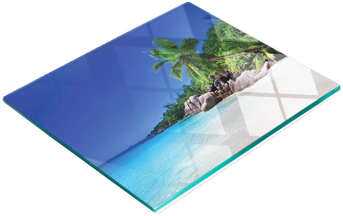 Keukenplank van gehard glas met decoratieve afbeelding van een strand op de Seychellen, 60x52 cm