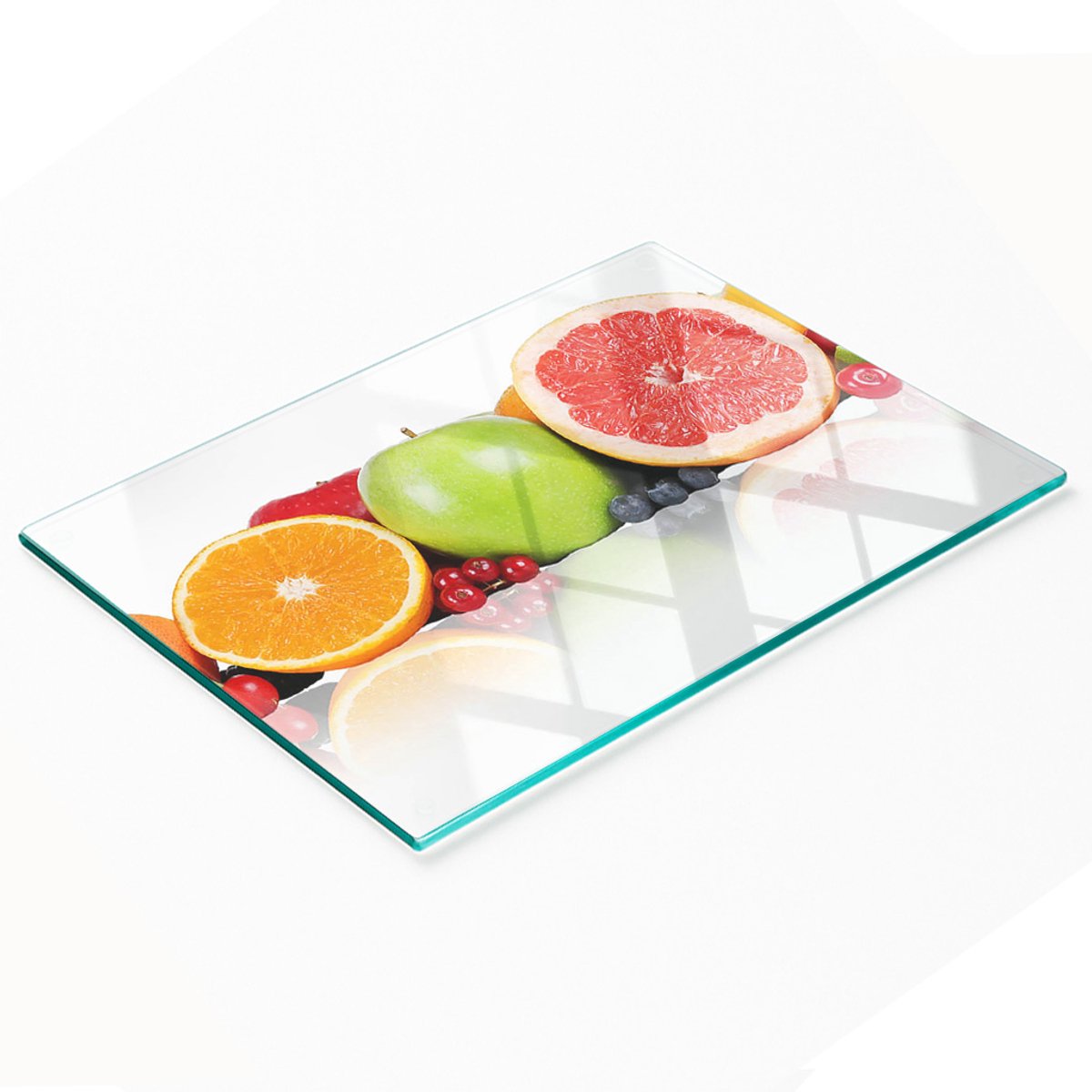 Decoratieve snijplank van gehard glas met kleurrijk fruitmotief, 80x52 cm