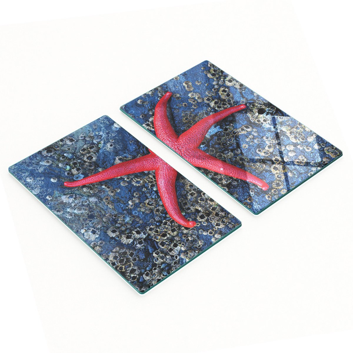 Set van twee glazen snijplanken met rode zeester, 2x30x52 cm