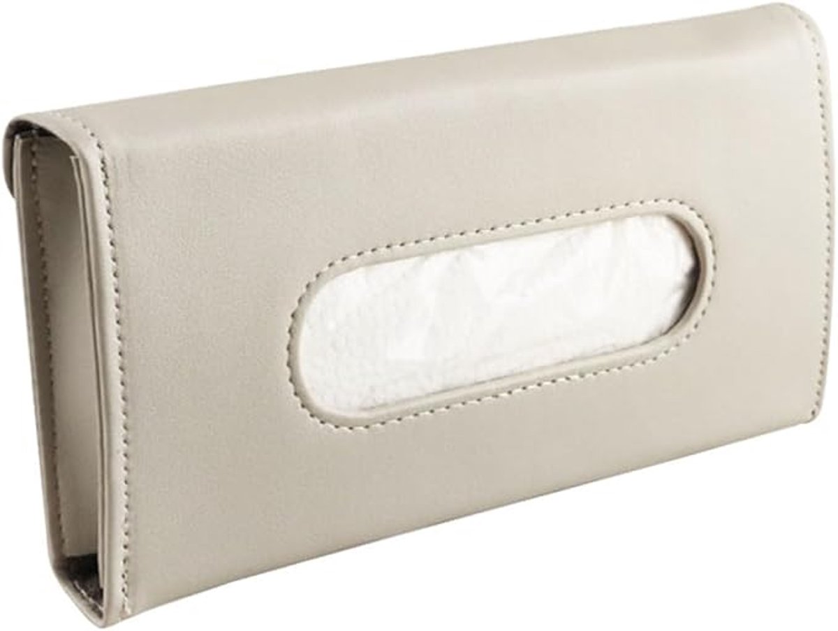 Beige PU zakdoekenhouder met leren clip, hangende zakdoekendoos voor autozonneklep, praktische opberghoes voor papieren zakdoeken, auto decoratie accessoire