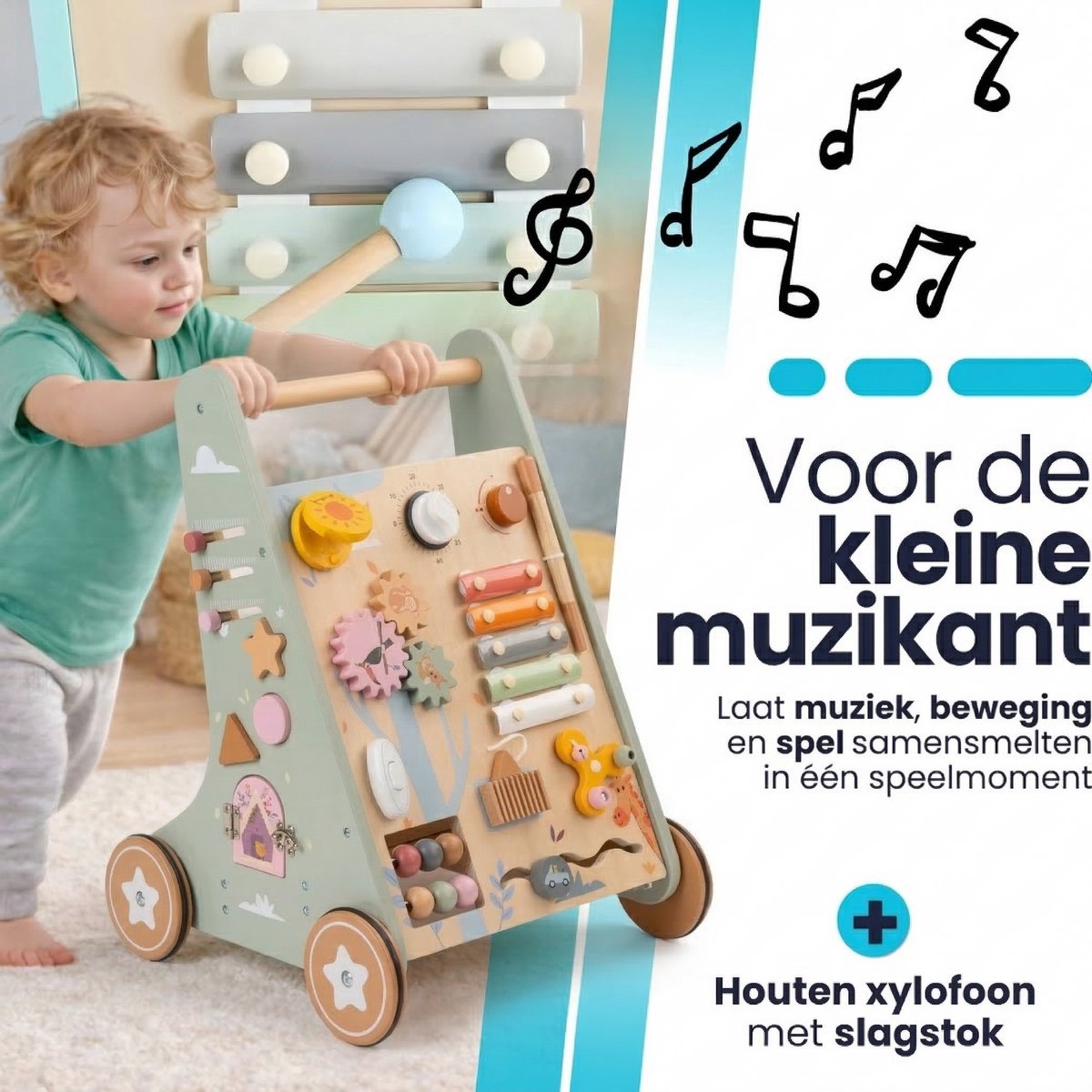 Laavir Houten Loopwagen met Activiteitenpaneel - Baby Walker met Xylofoon, Spiegeltje, Klok en Vormen - Montessori Speelgoed vanaf 1 Jaar - Lichtgroen — afbeelding 5