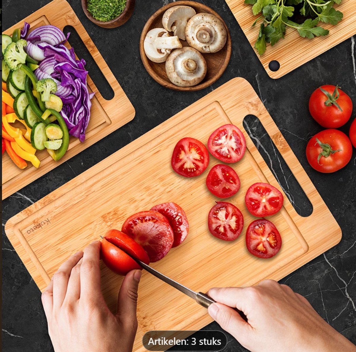 Set van 3 bamboe snijplanken, houten keuken snijplanken voor groenten, vlees, brood, kaas, duurzame en resistente bamboeplanken, esthetische natuurlijke keukenaccessoires voor koken en serveren