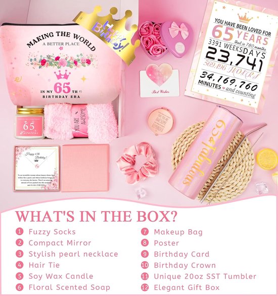 65e verjaardagscadeaubox met roze make-uptas, mok, kaars, scrunchie en meer.