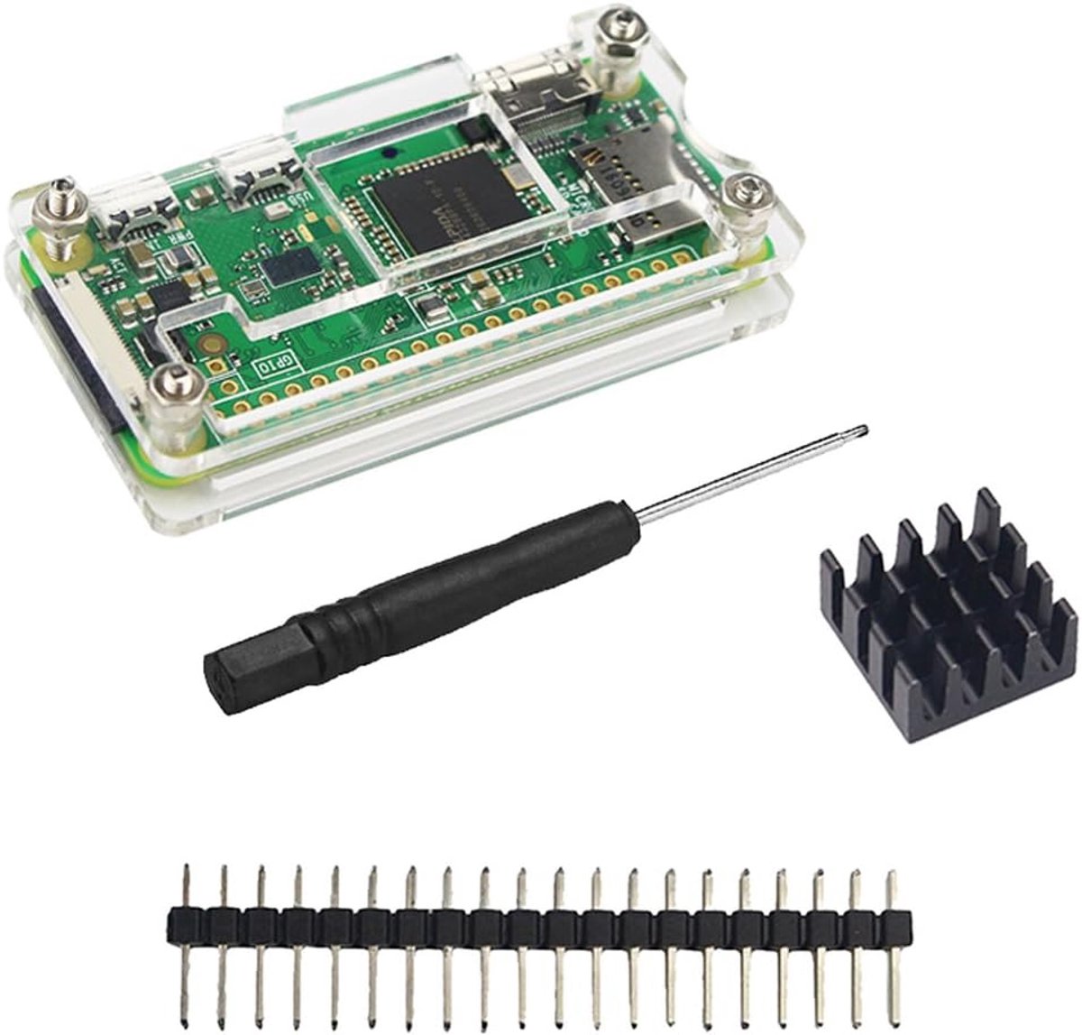 Transparante beschermhoes met koellichaam en pin header voor Raspberry Pi Zero W