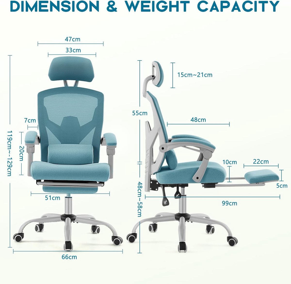 Ergonomische bureaustoel Casa Velluto ComfortMax, verstelbare lendensteun en voetensteun, ademend mesh, 360° draaibaar, hoogte verstelbaar, bureaustoel voor thuiswerk, gaming en studeerkamer – Blauw