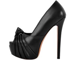 Dames Plateau Pumps met Hoge Hak en Knoopdetail - Peep Toe Avondschoen