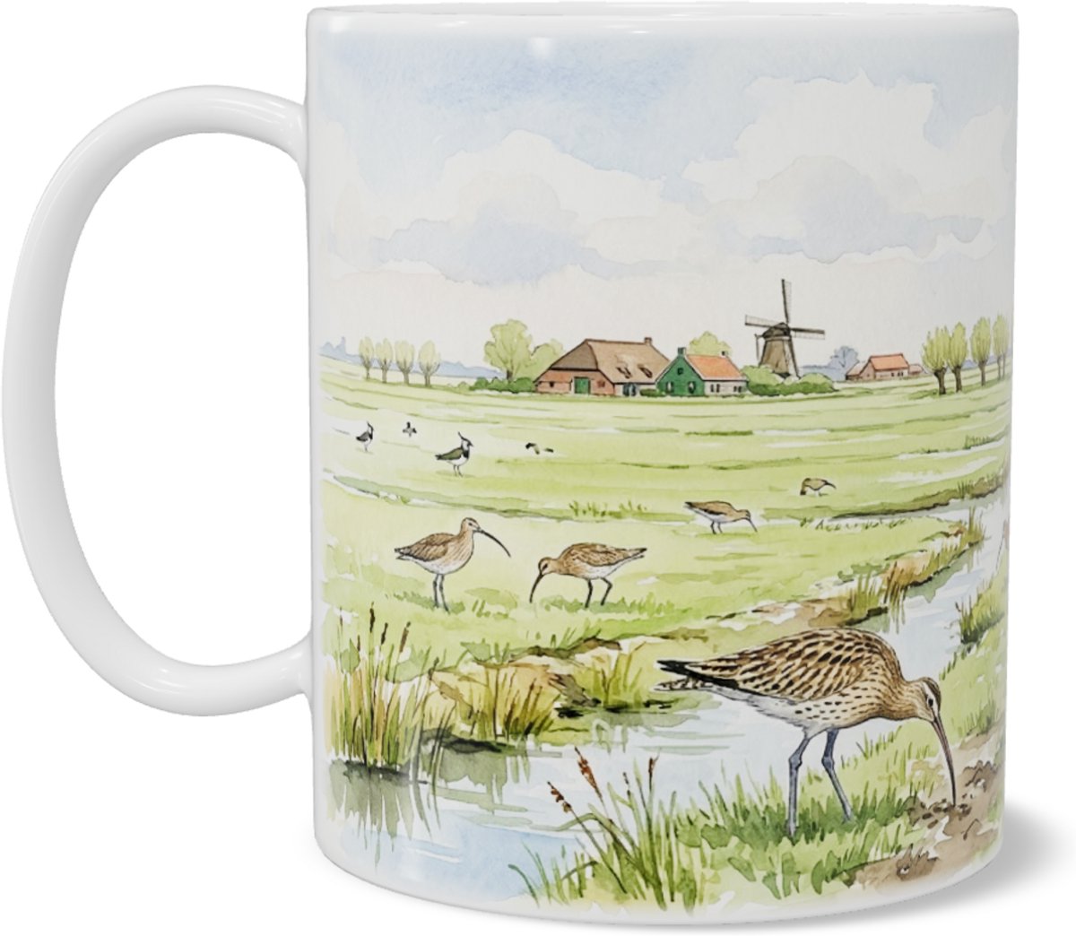 Wulp Mok Weidevogel met Lange Snavel in Kustlandschap - "Aquarel Series" Cadeau voor haar: Vrouw, Vriendin of Collega - Koffiebeker met Wulpen, Duinen & Vuurtoren - Natuur Serie Holland - Vogel Cadeau