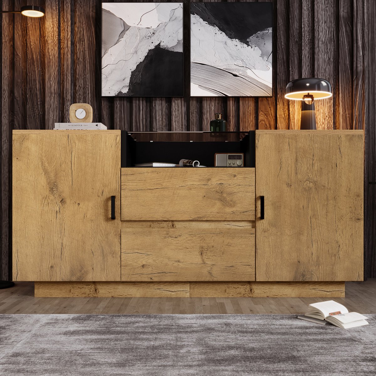 MODFU Dressoir - 2 Laden, 2 Kasten En Open Vak - Modern - Woonkamer - Hout, Glas En Metaal - Licht Eiken - 140 x 40 x 70 cm Licht eikenhout