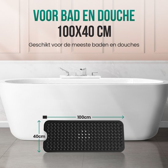 Zwarte antislip douchemat 100x40 cm in een badkuip, voor bad en douche. Beschikt over vele zuignappen.