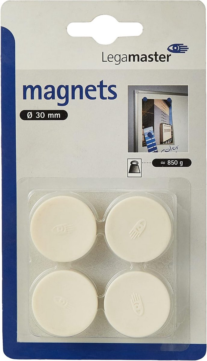 Set van 4 Sterke Witte Kleefmagneten Ø30mm met 850g Hefkracht