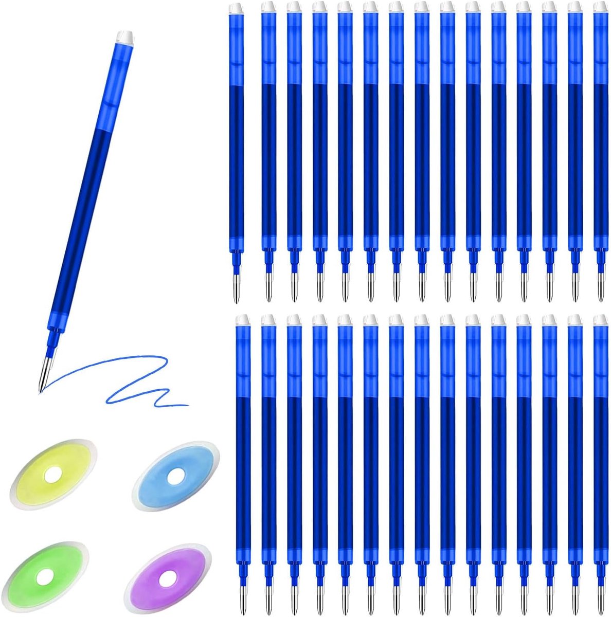 Uitwisbare Rollerbalpen Vullingen Blauw 0,5 mm met Gummen, Set van 30 Stuks