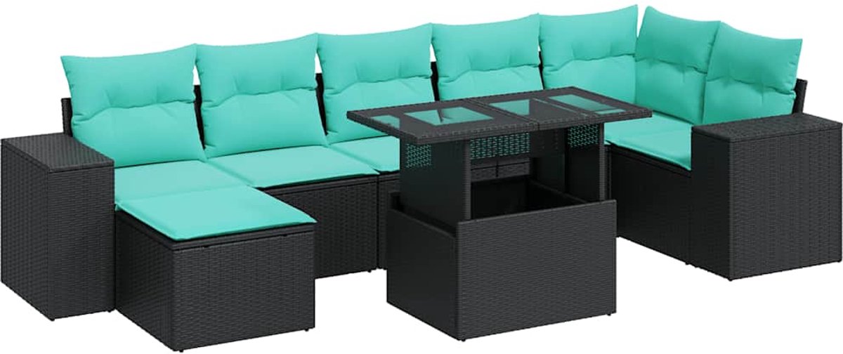 vidaXL 8-delige - Loungeset - met - kussens - poly - rattan - acacia - zwart