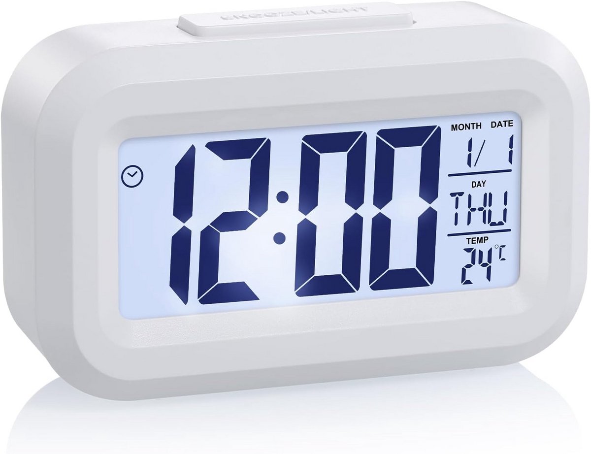 Digitale Wekker - Tafelklok LCD - Wakker Worden - 9 Alarm Melodieën - 9x3.8x2.8cm - Wit