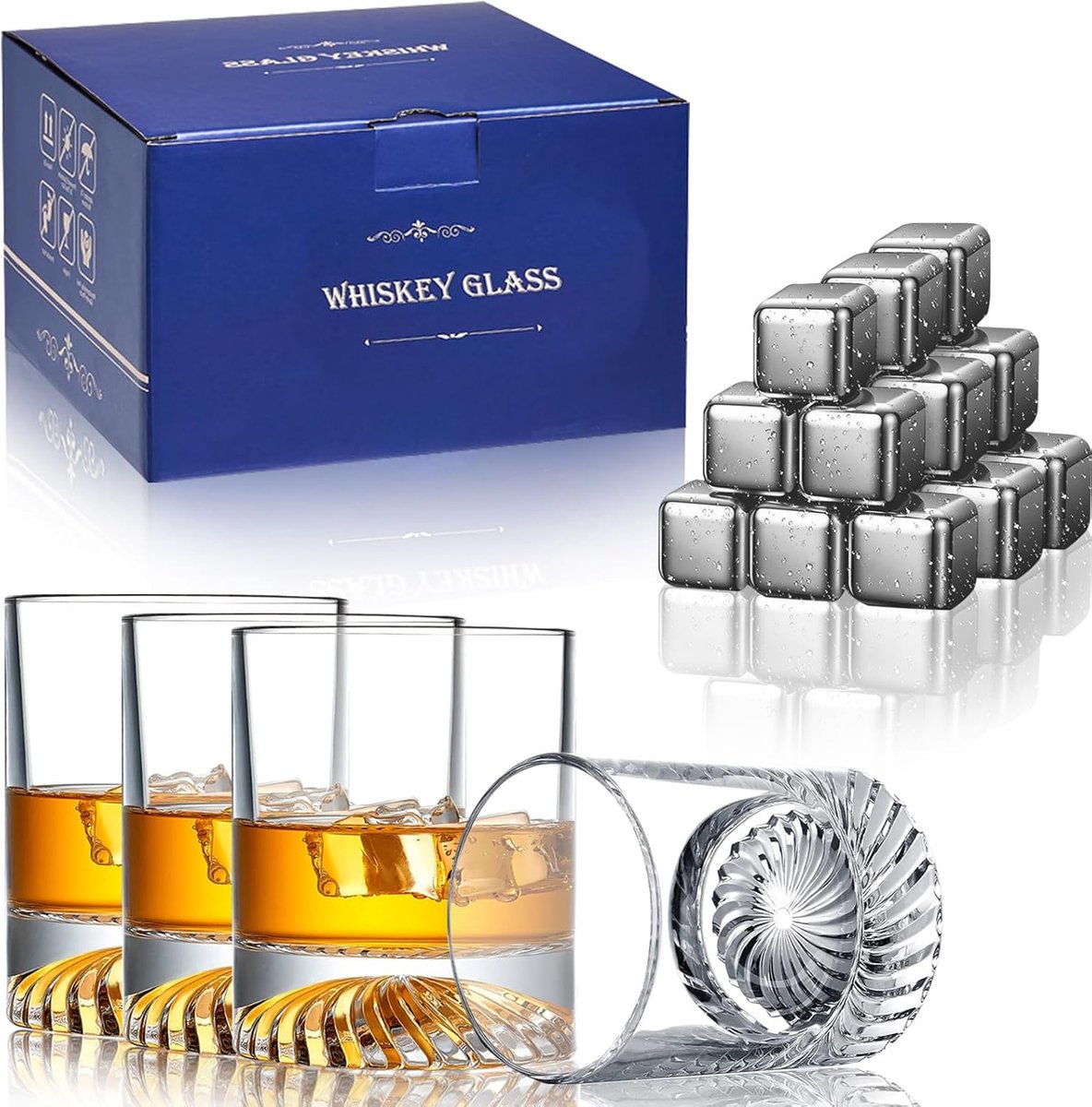 Set van 4 Ouderwetse Whiskyglazen met RVS IJsblokjes