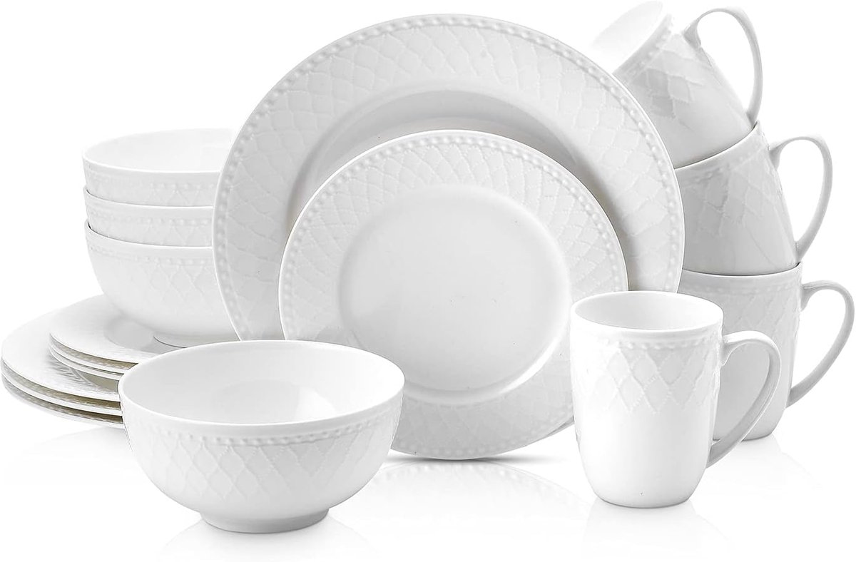16-delige Witte Bone China Servies Set met Mandvlecht Reliëf