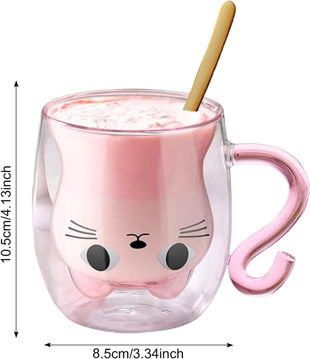 Dubbelwandige Glazen Koffiekop met Kattenoren, 350ml Latte & Cappuccino Mok