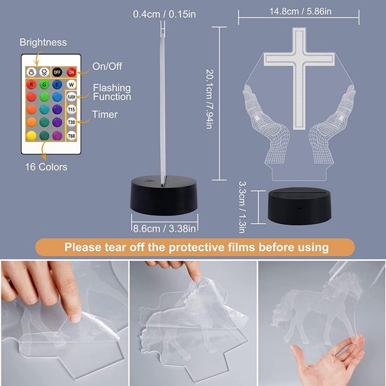 3D Illusie Nachtlamp Kruis met 16 Kleuren LED Tafeldecoratie voor Kinderen van Merkloos — afbeelding 3