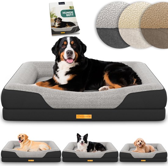 Een grote Berner Sennenhond ligt op een grijs en zwart hondenbed. Drie kleinere honden liggen op identieke bedden van verschillende maten.