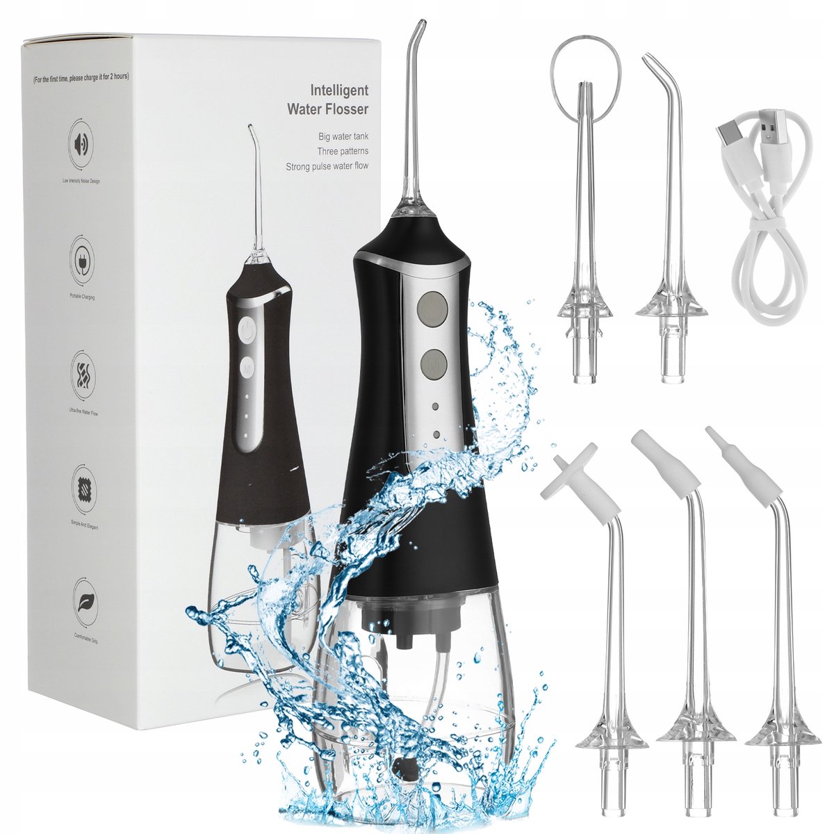 Draadloze Monddouche - 5 Opzetstukken & 3 Standen met 300ml Tank - Zwart (IPX6 Waterdicht)